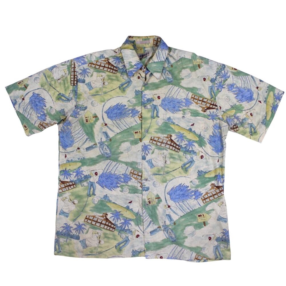 Vintage golf shirt print yellow Korea 100% cotton 80s 90s short sleeve button L